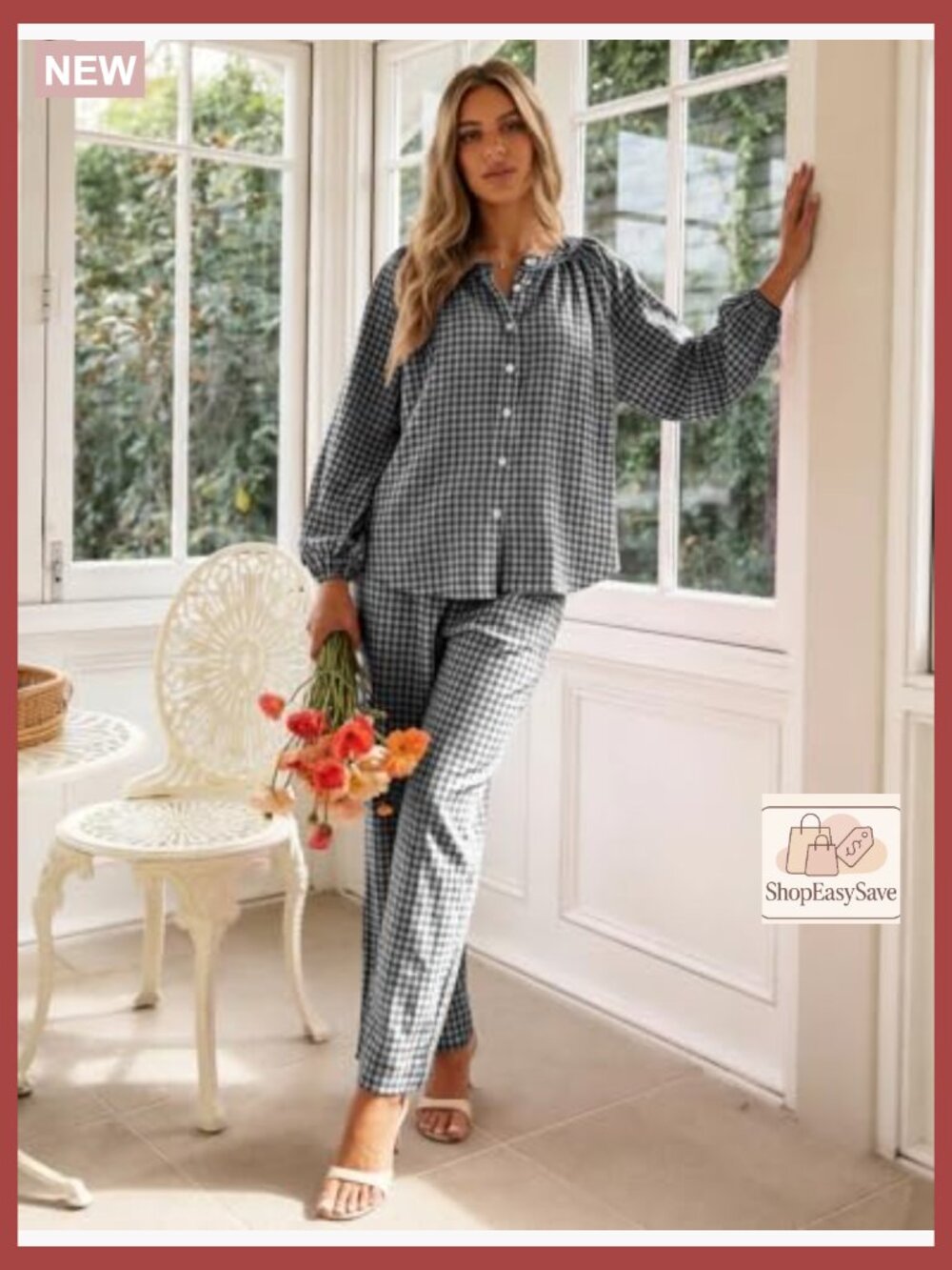 Gingham Pajama Set 2 Piece Cotton Plaid Raglan Sleeve Button Top Straight Leg - Picture 3 of 7